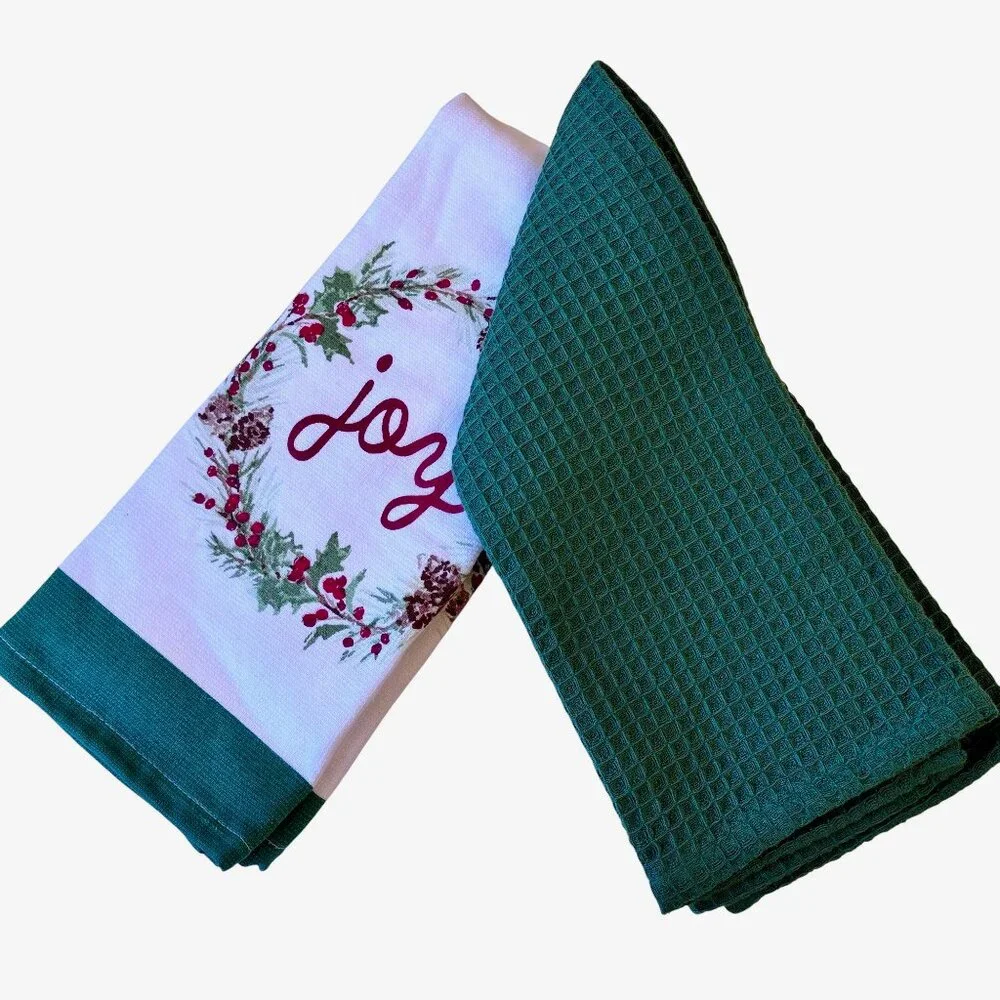 Christmas Cotton Kitchen Towel 2 Pack Green & White Holly JOY by North Pole NEW